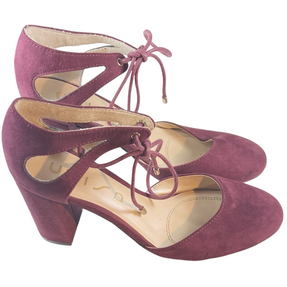 Unisa Faux Suede Ankle Tie Block Heel Pumps Burgundy Size 6 1/2 Valentine Fall - Picture 3 of 9